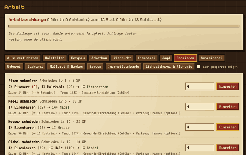 Die Arbeitsschlange füllt sich mit Schmiedeaufträgen, der Fortschritt läuft.