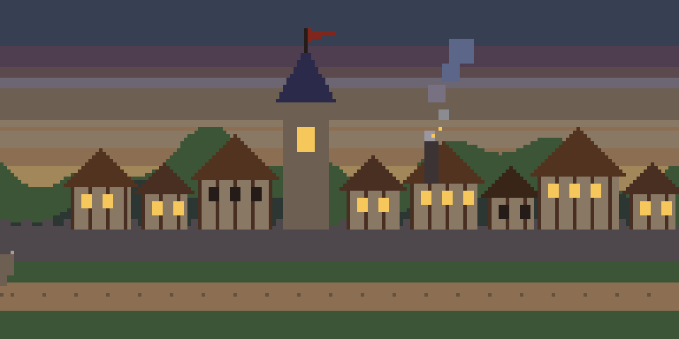 Pixelbild einer mittelalterlichen Stadt im Wechsel von Tag und Nacht. Ein Ochsenkarren zieht vorbei, aus der Schmiede steigt Rauch.
