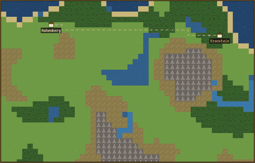 Pixel-Weltkarte, auf der Händler zwischen zwei Dörfern über die Straße ziehen.